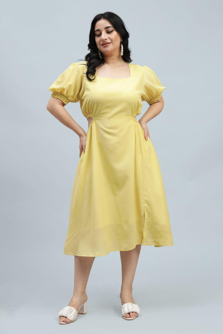 Yellow A-line one-piece dress designed for plus-size women. Ideal for a kitty party, evening soiree, or as a heartfelt birthday gift.