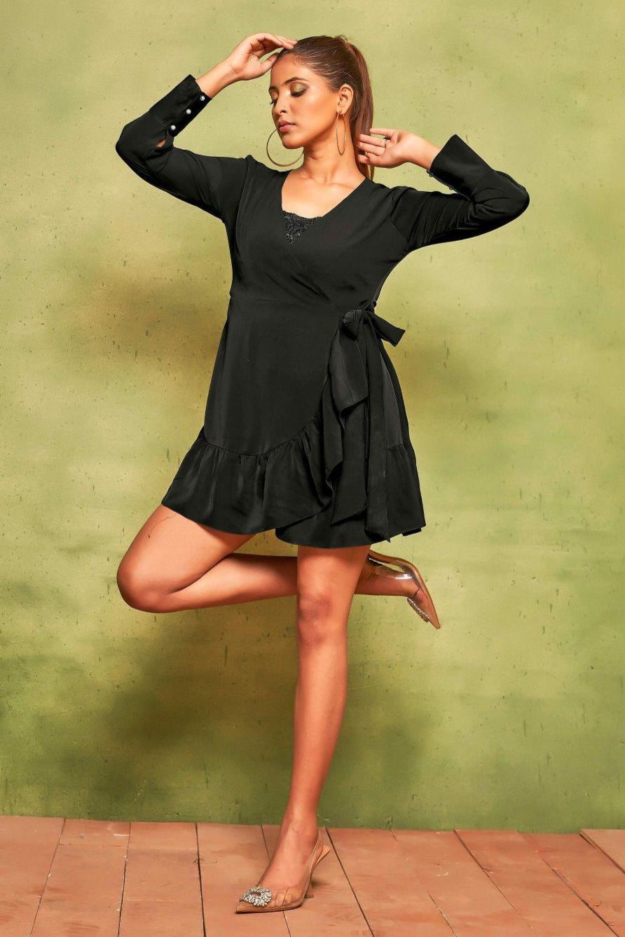 Rich Black Sequin Ruffled Mini Dress | V-Neck A-Line Glam - Curvy Lane