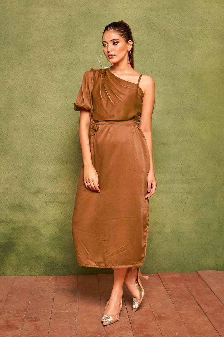 Brown Elegant Velvet Satin One-Shoulder Midi Dress For Women