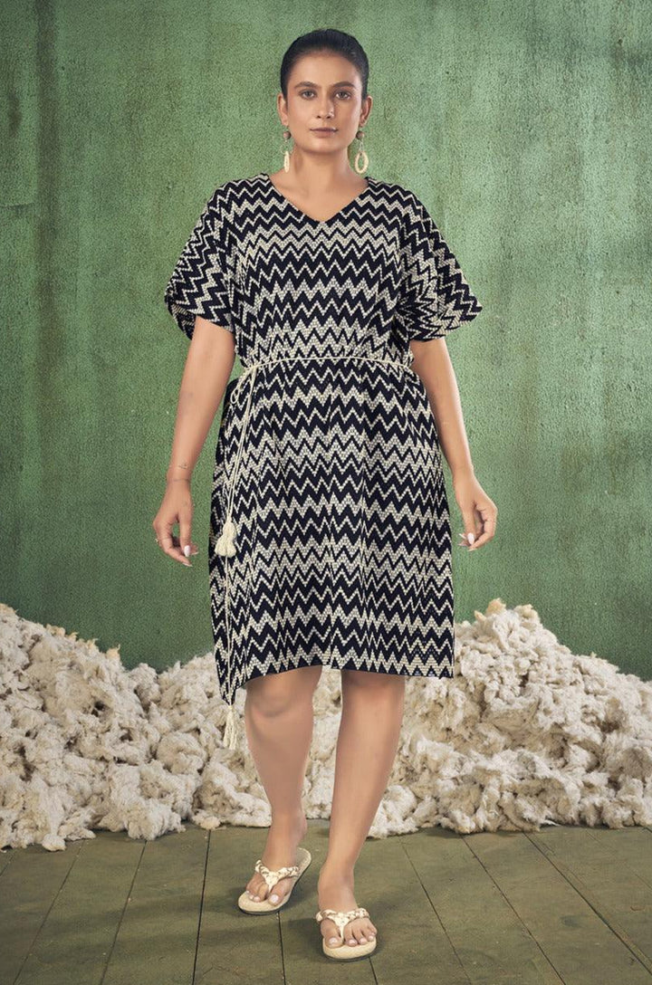 Black and Off White Zig Zag Knitted Beach Wear Dress - Curvy Lane