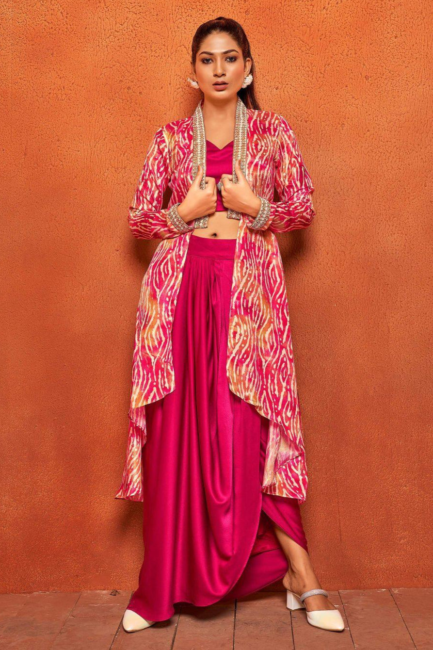 Jazzberry Pink Ethnic Print Dhoti Skirt Long Flared Shrug Co-ord Set - Curvy Lane