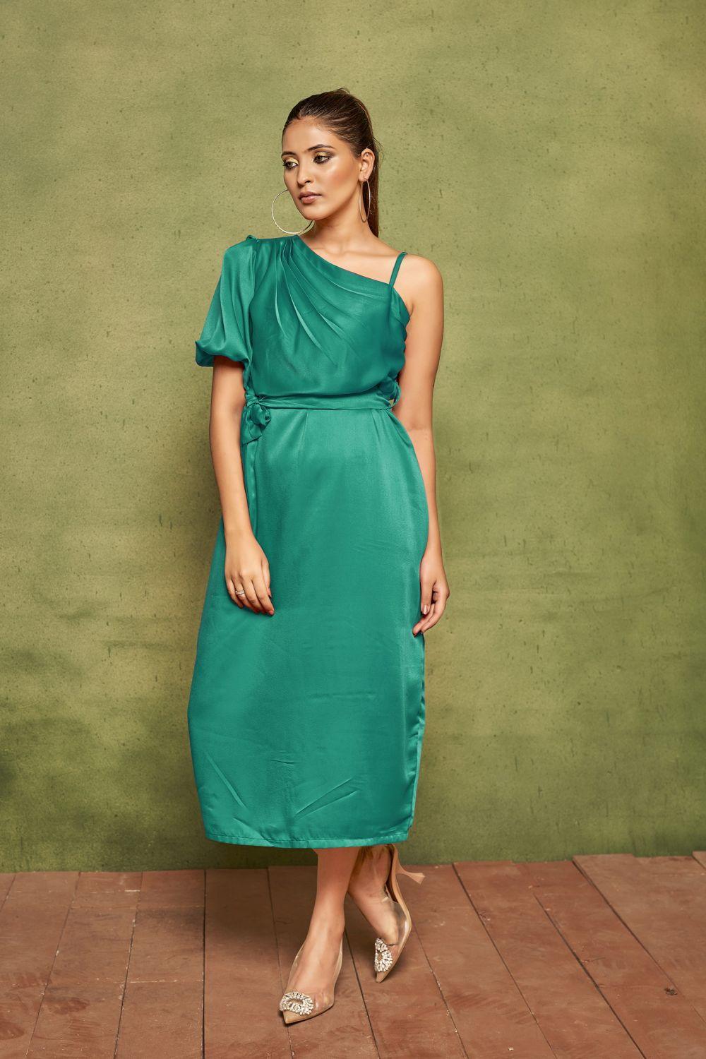 Teal Elegant Velvet Satin One-Shoulder Midi Dress