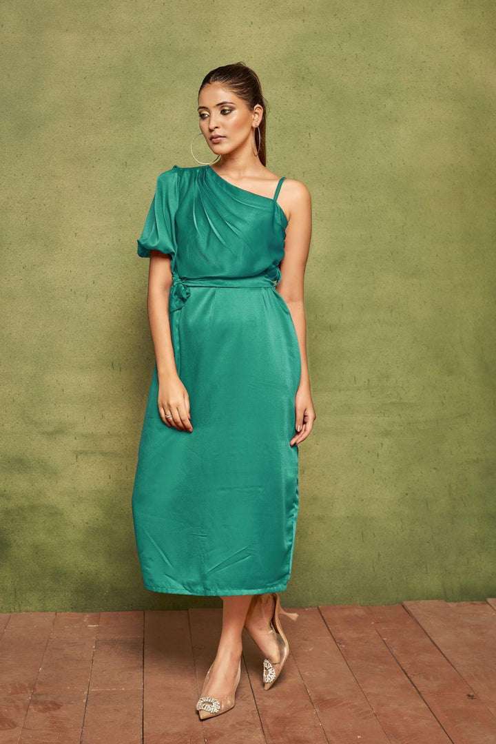 Teal Elegant Velvet Satin One-Shoulder Midi Dress
