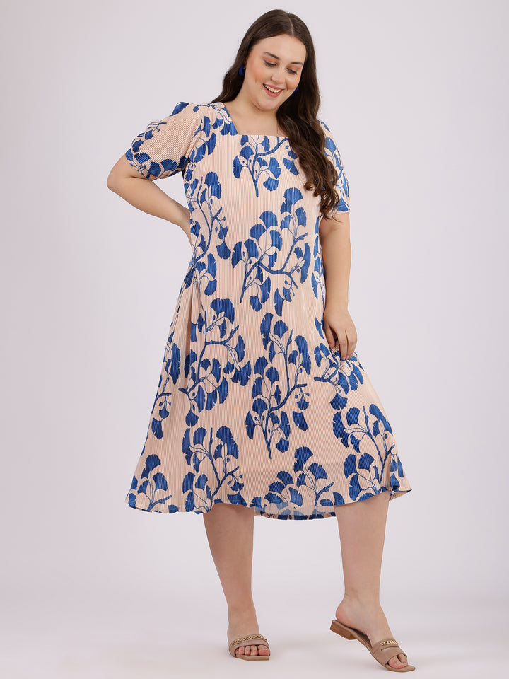 Beige Palmette Print Puff Sleeve Dress
