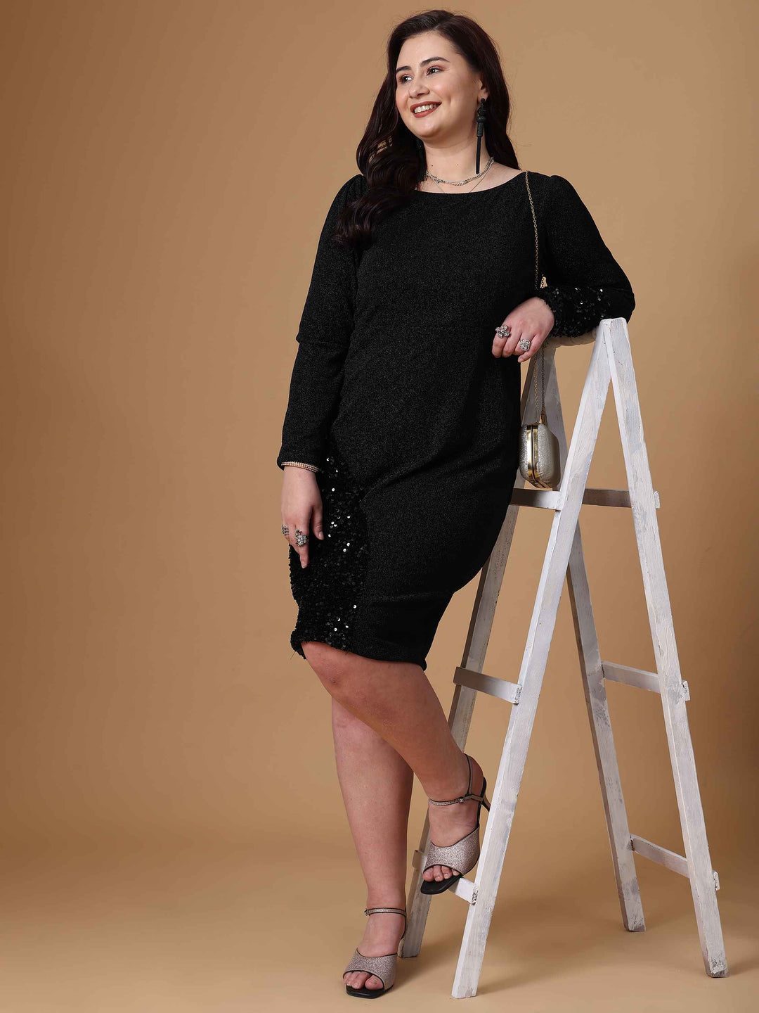 Black Sequin A-Line Sraight Party Dress For Plus Size Women