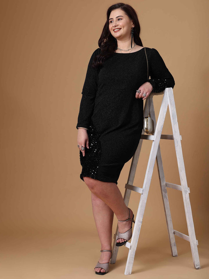 Black Sequin A-Line Sraight Party Dress For Plus Size Women
