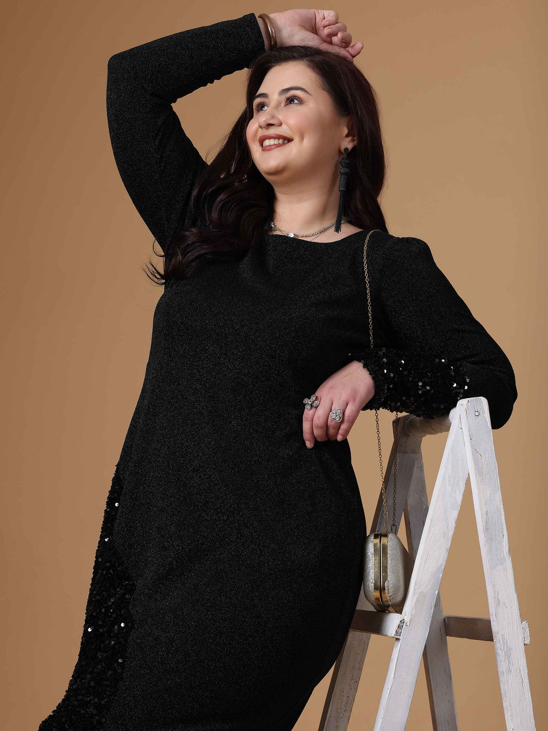 Black Sequin A-Line Sraight Party Dress For Plus Size Women