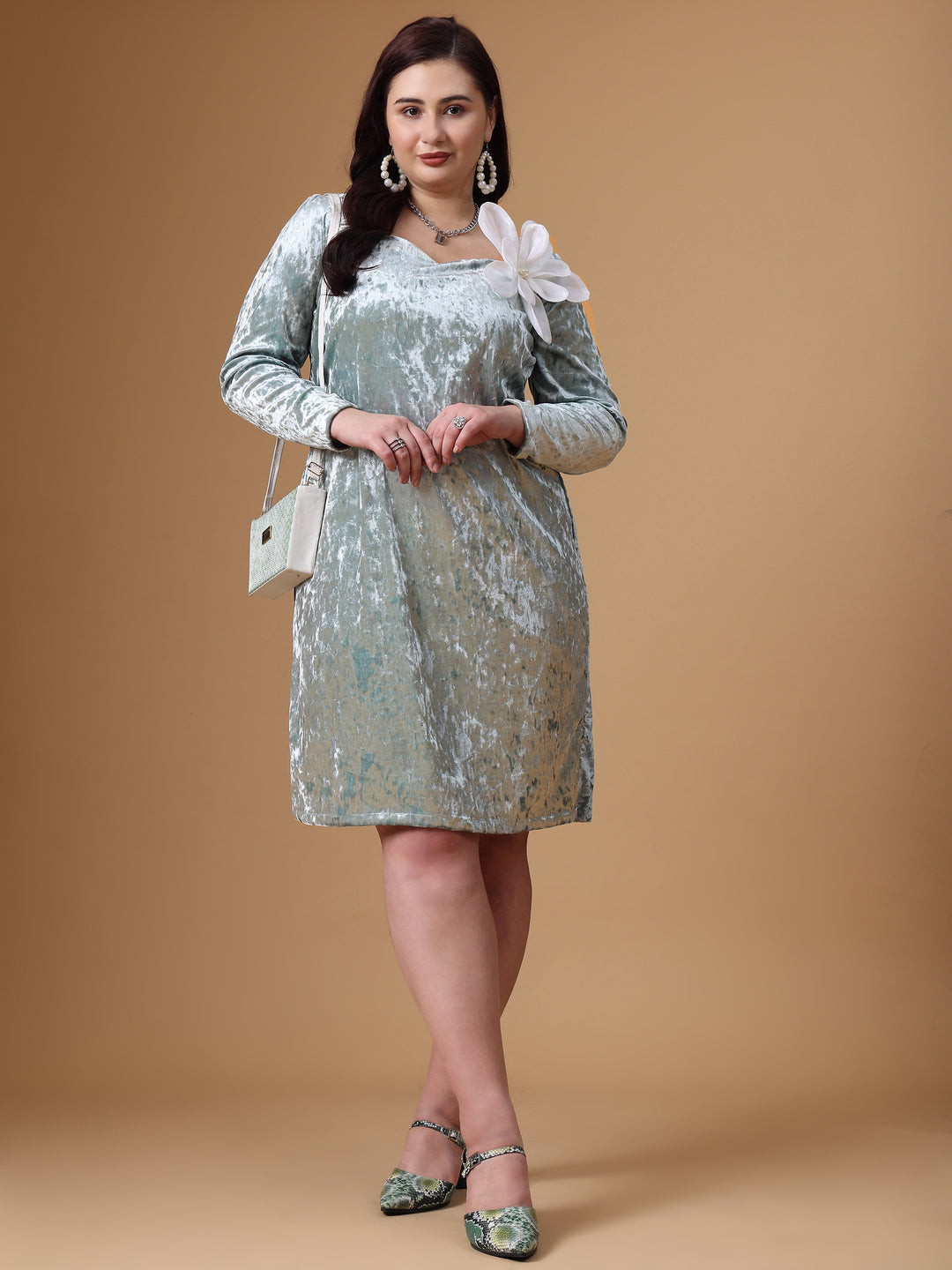 Sea Green Velvet Full Sleeve A Line Dress For Plus Size Party Wear Dress Design