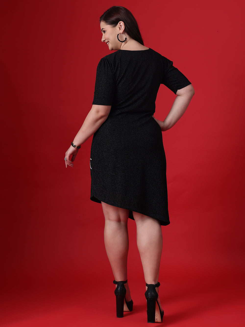 Black Shimmer Dori Work V-Neck Party Dress With Back Side