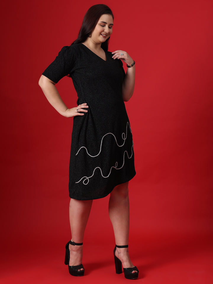 Black Shimmer Dori Work V-Neck Party Dress With Full Design With Sequence Work