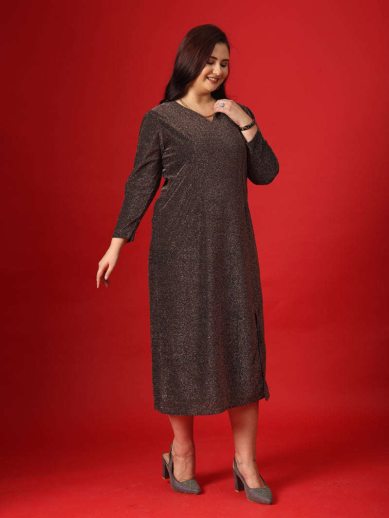 Metalic Brown Straight Dress With Back Side Design