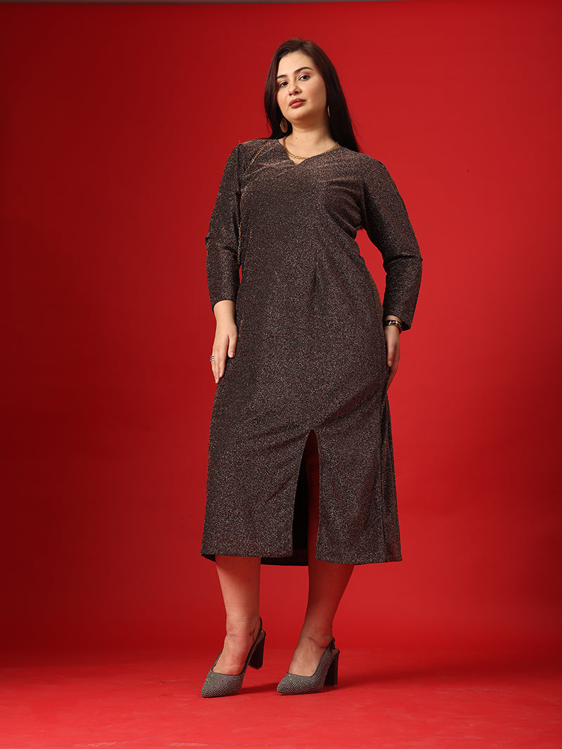 Metalic Brown Straight Cut Dress For Plus Size Women