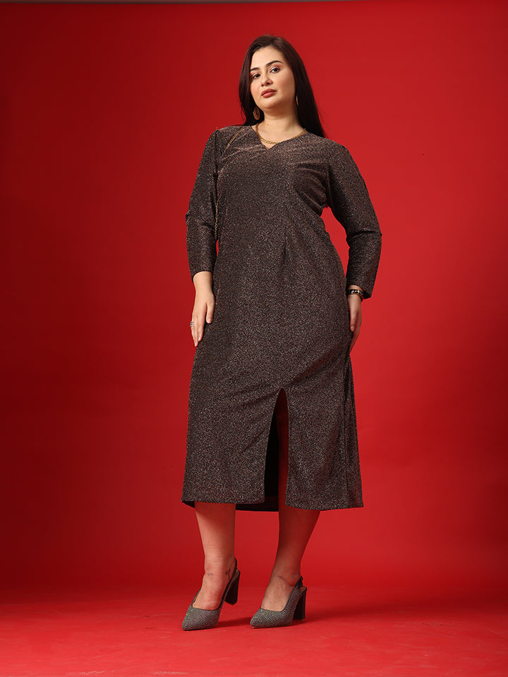 Metalic Brown Straight Cut Dress For Plus Size Women