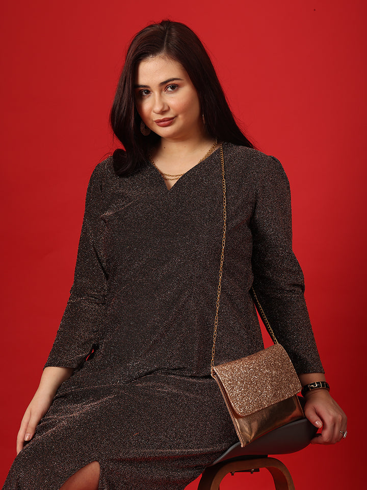 Metalic Brown  Dress With Stunning Design Close Up