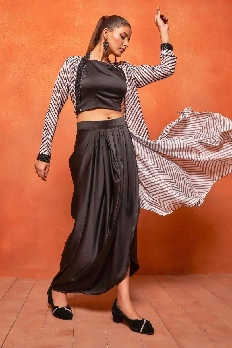 Rich Black Zic Zac Print Dhoti Skirt Long Shrug Co-ord Set - Curvy Lane