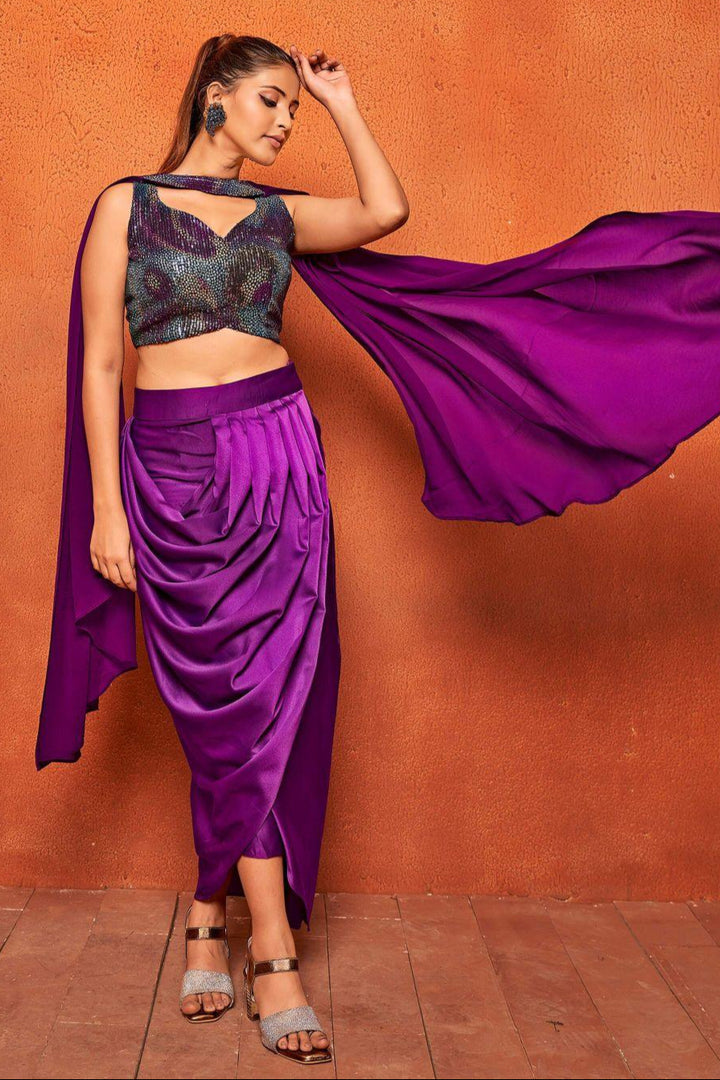 Purple Geometric Print Dhoti Skirt Crop Top Dupatta Co-ord Set - Curvy Lane