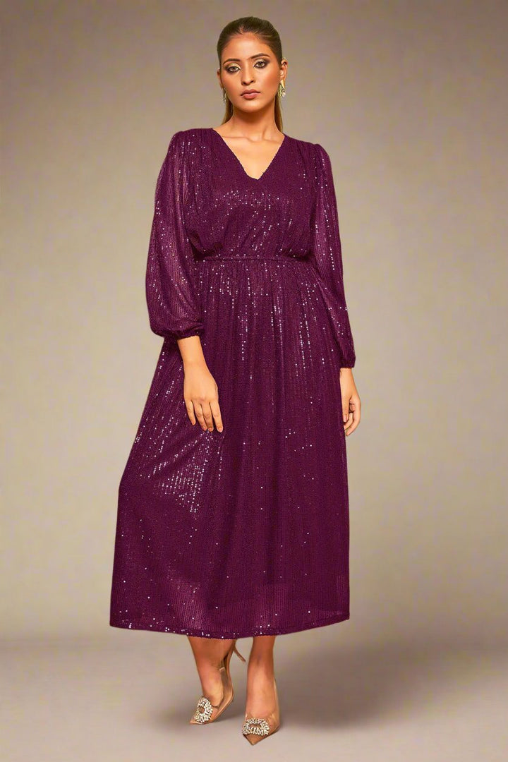 Maroon Color Party Wear Sequin Cocktail Dress For Plus Size Women