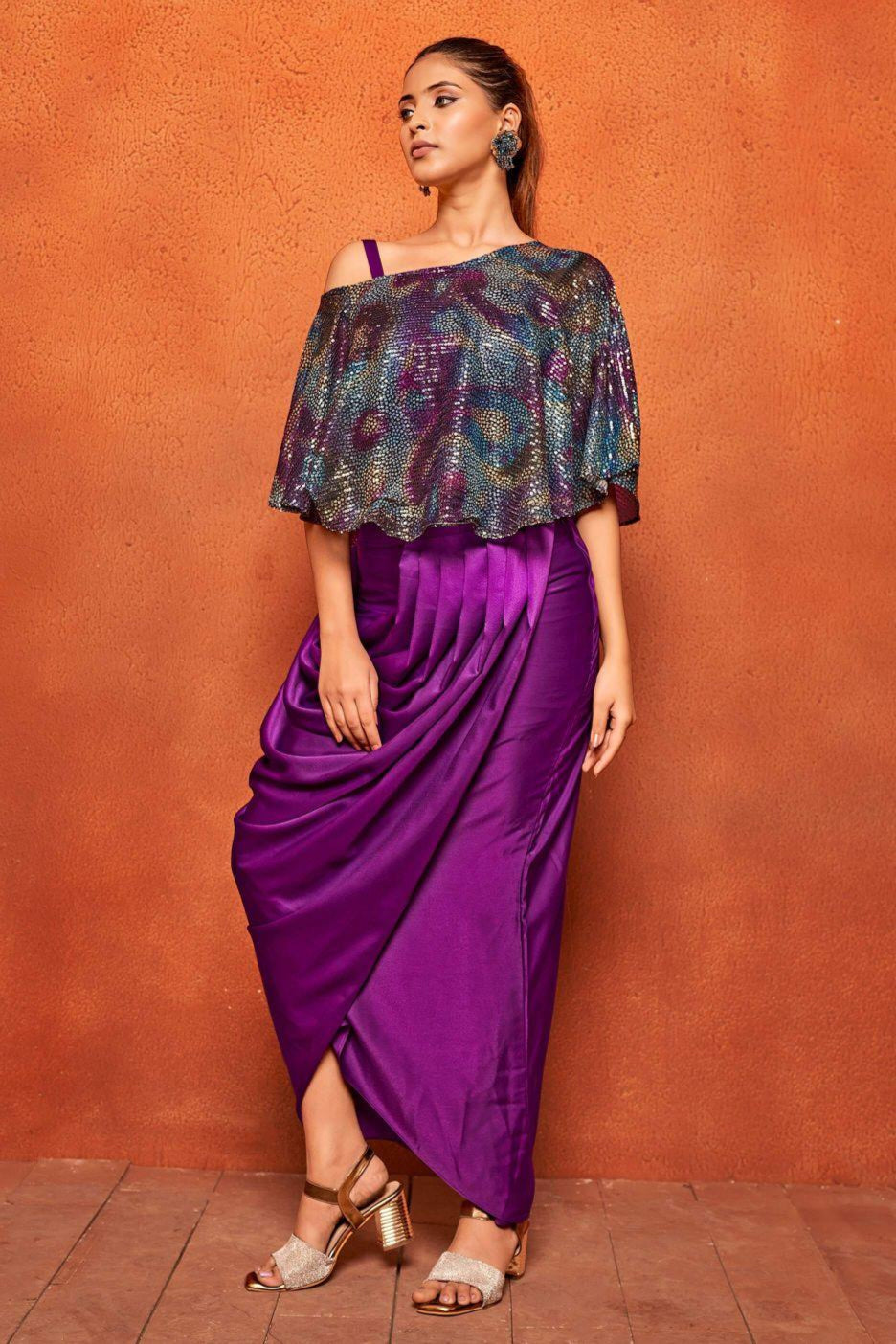 Multi Geometric Print Poncho Top Dhoti Skirt Co-ord Set - Curvy Lane