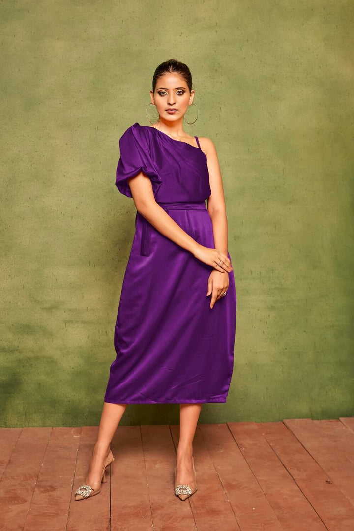 Purple Elegant Velvet Satin One-Shoulder Midi Dress For Plus Size