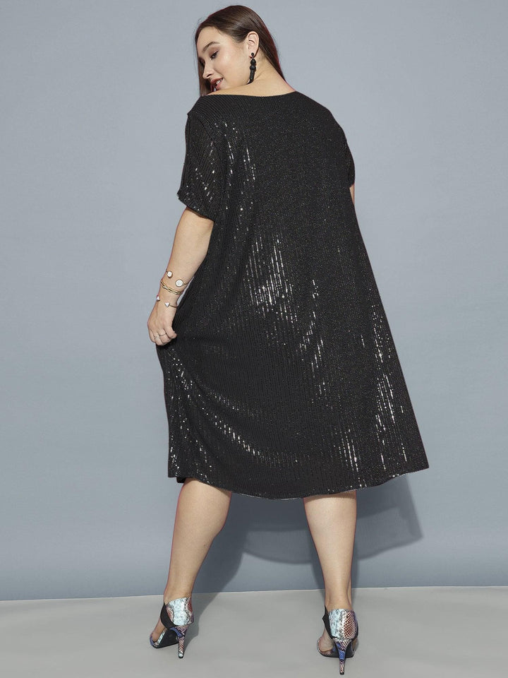 Curvy Lane Women Plus Size Boat Neck Sequins Dress with Slit Sleeves Back Side Look