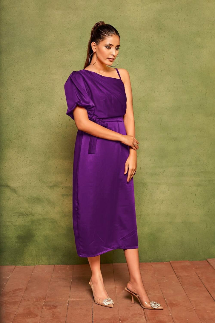 Purple Elegant Velvet Satin One-Shoulder Midi Dress For Plus Size