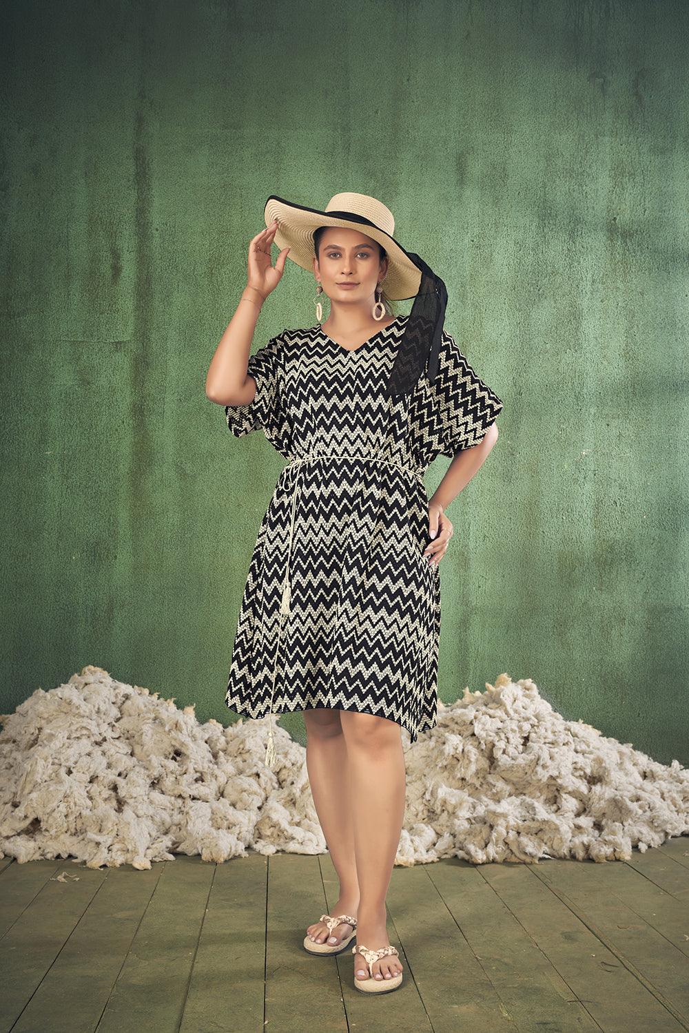 Black and Off White Zig Zag Knitted Beach Wear Dress - Curvy Lane