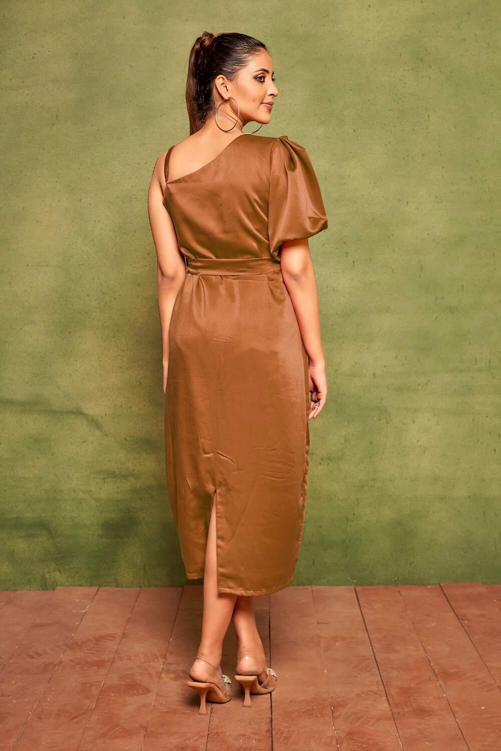 Brown Elegant Velvet Satin One-Shoulder Midi Dress Back Side Look