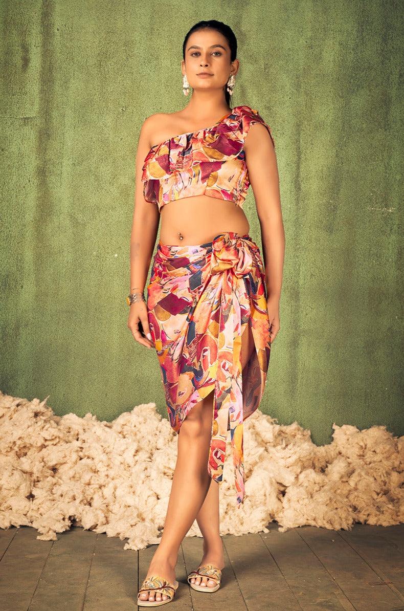 Abstract Print Beach Wear Crop Top with Sarong Cover Up Set