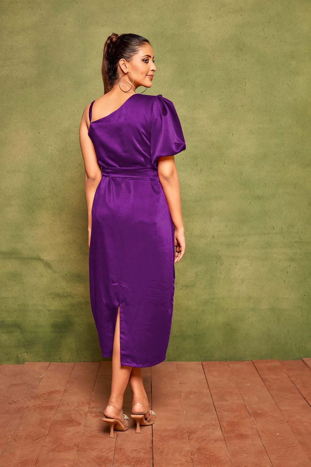 Purple Elegant Velvet Satin One-Shoulder Midi Dress Back Side
