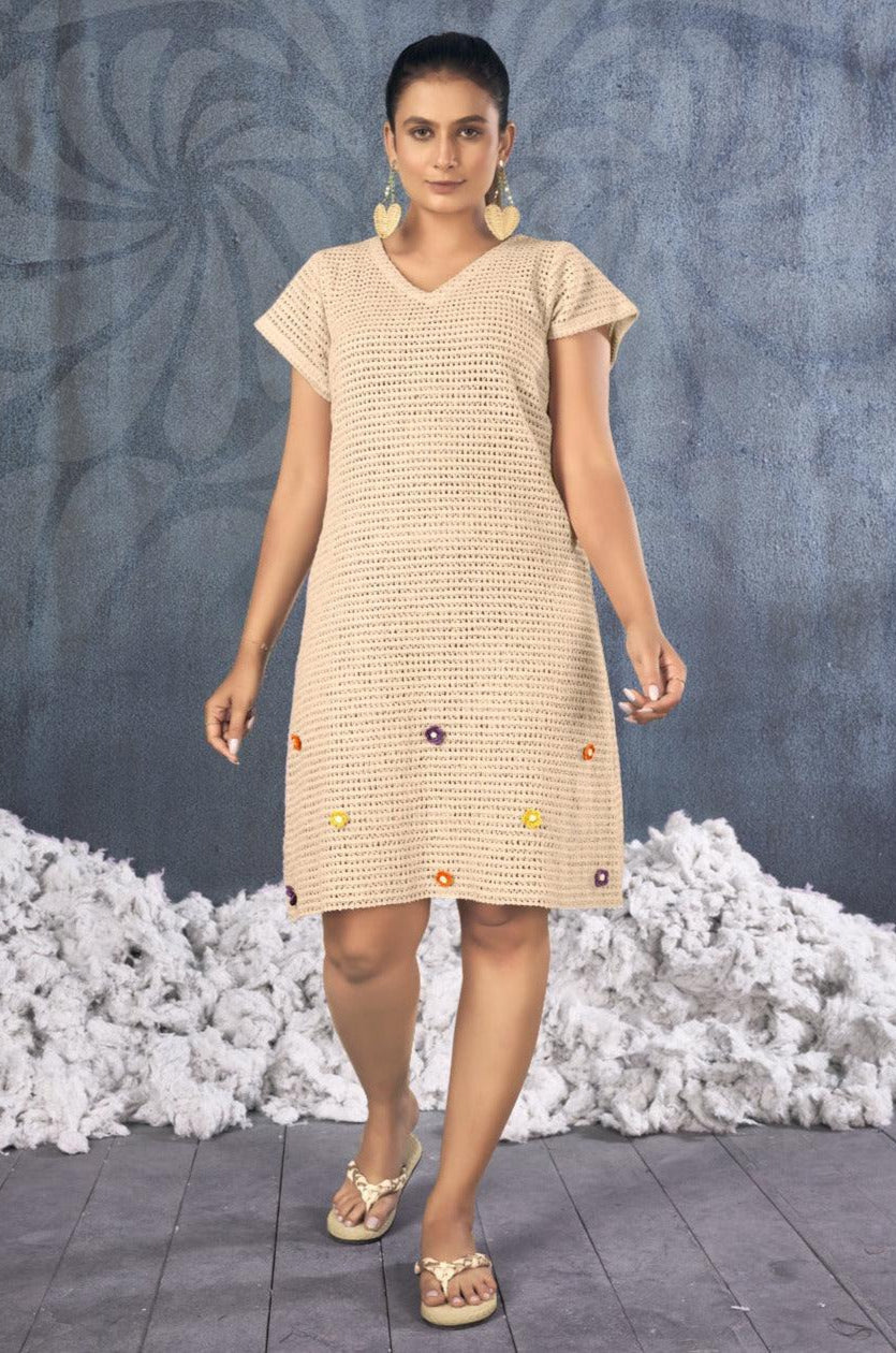 Cream Knitted Cotton Dress – Knee Length V-Neck For Summer Wear