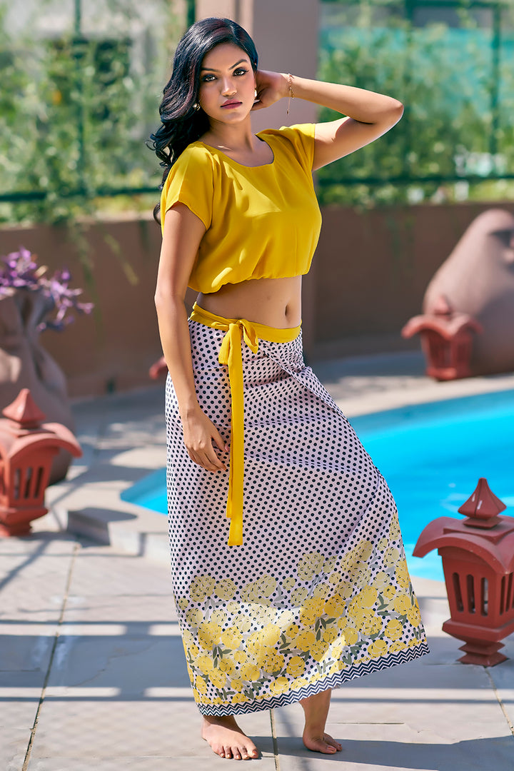 Yellow top and tie-up sarong summer beach wear for ladies