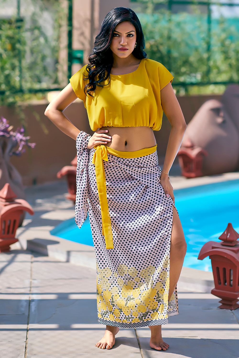 Yellow top and tie-up sarong summer beach wear for ladies