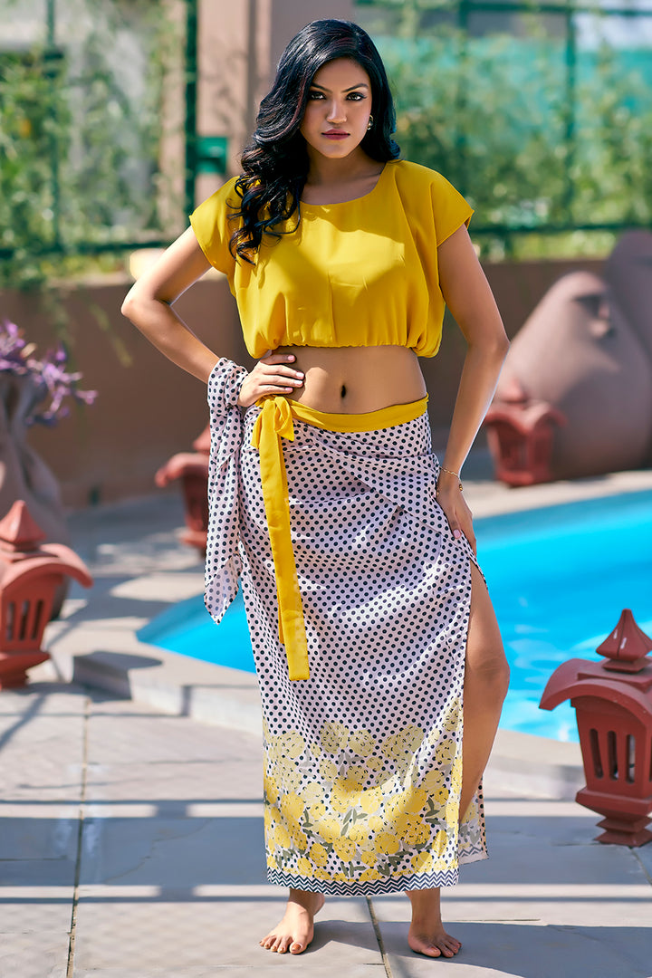 Yellow top and tie-up sarong summer beach wear for ladies