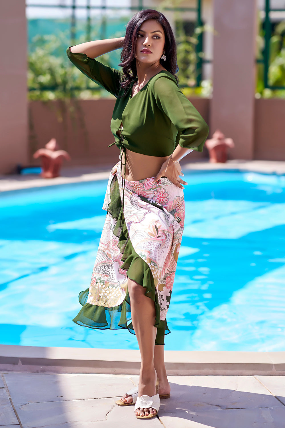 Curvylane's sexy beachwear with green floral sarong and top