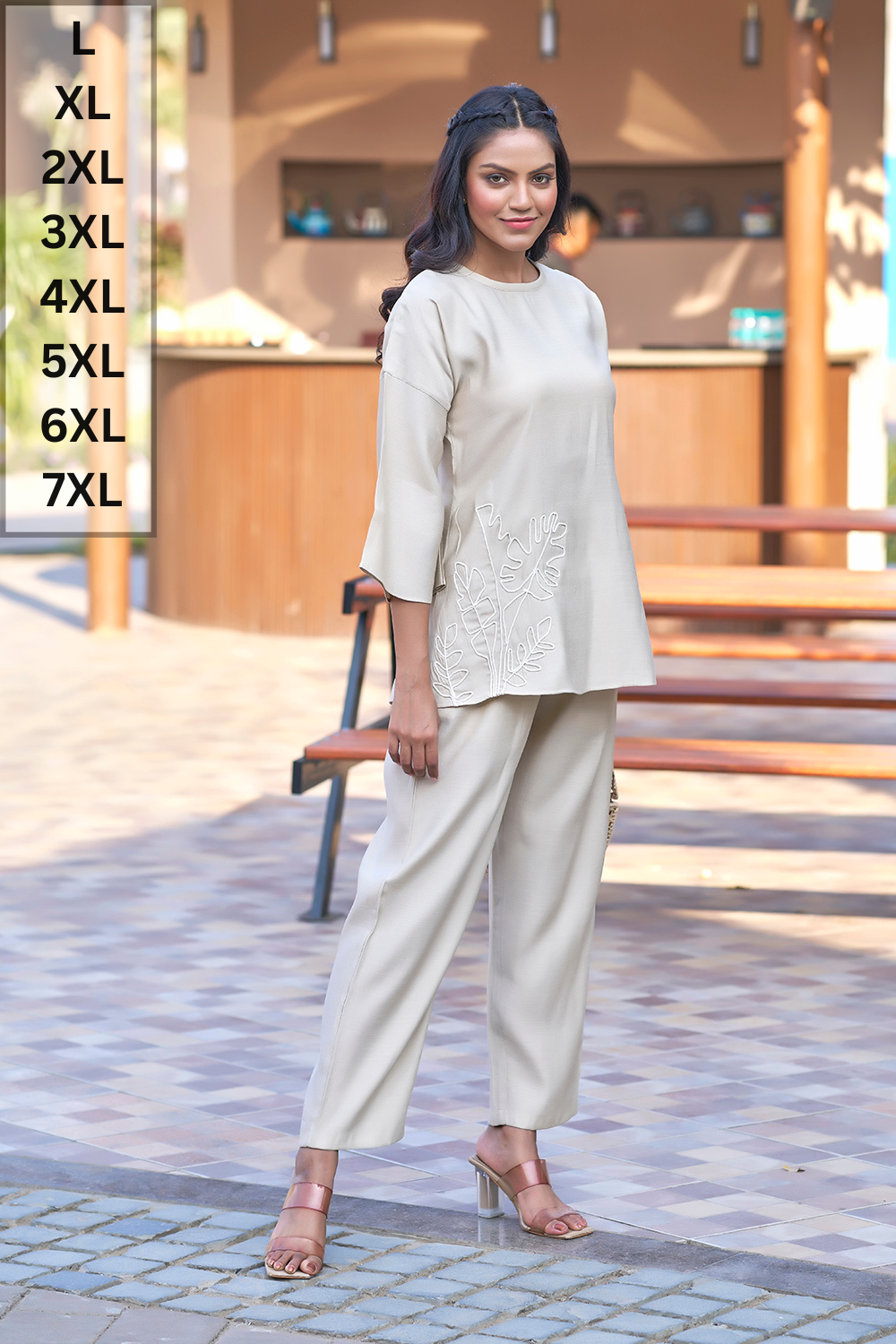 Beige Co-ord Elegant Resort Wear With Embroidery For Women