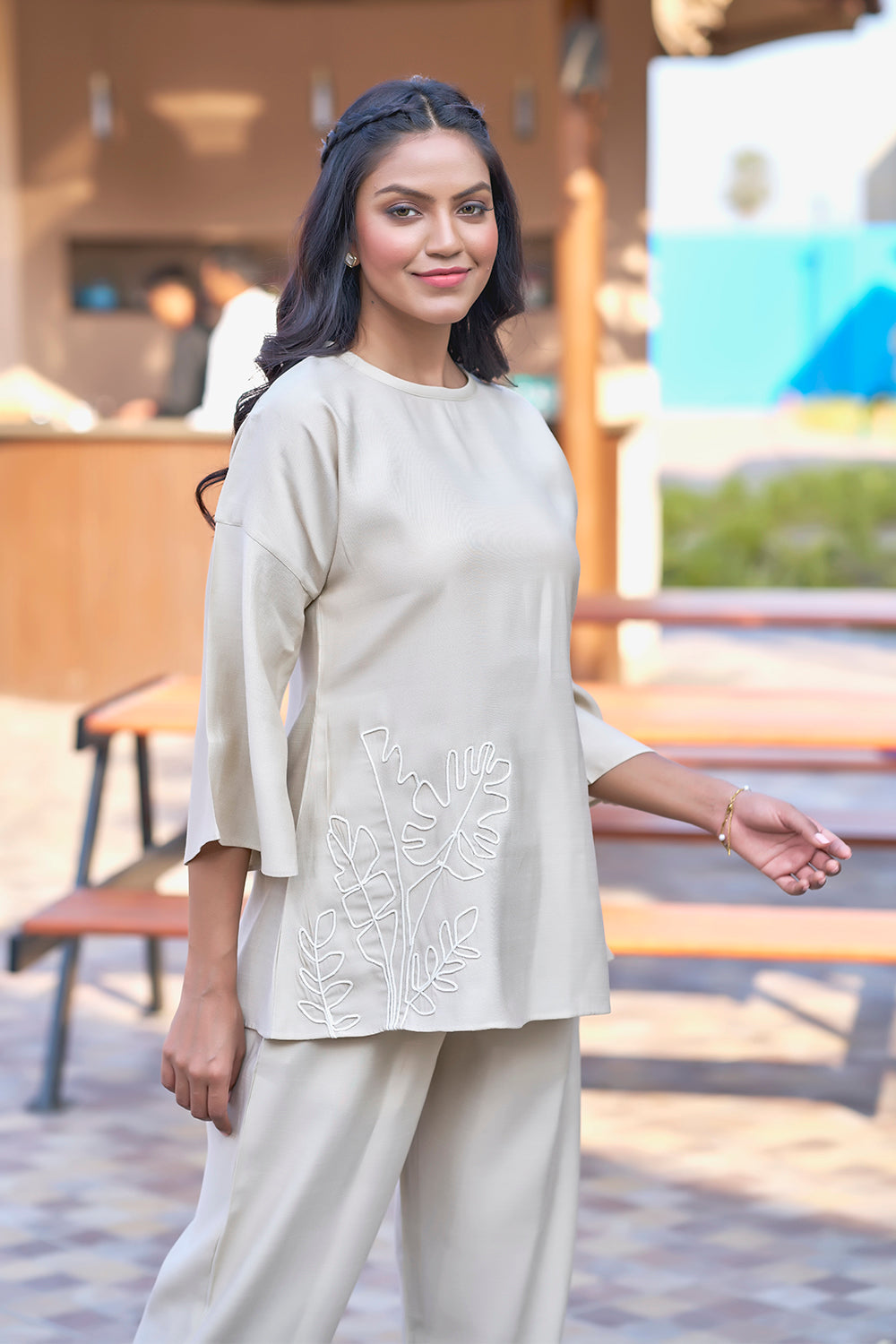 Beige Co-ord Elegant Resort Wear With Embroidery For Women Close up