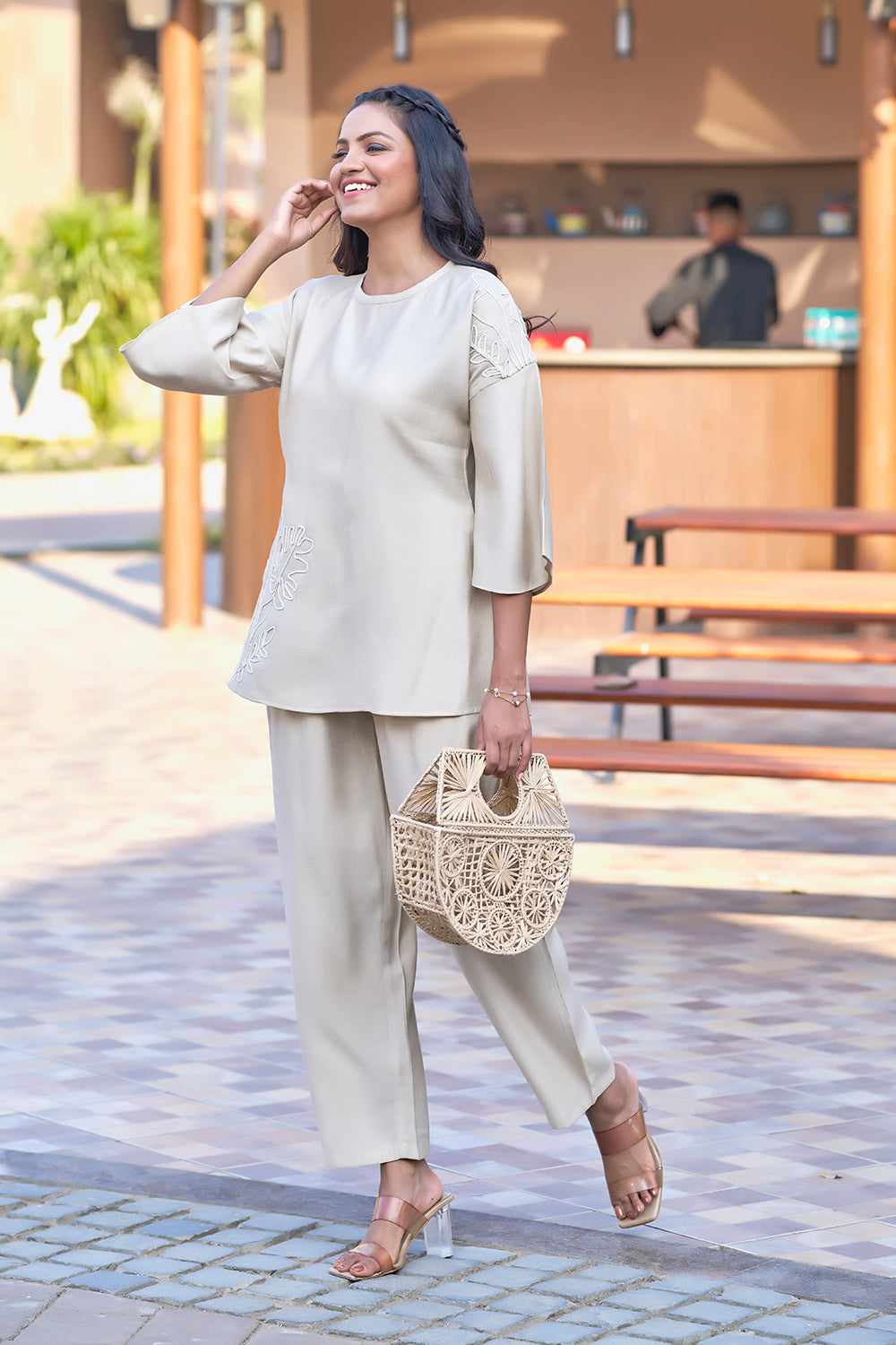 Beige casual co-ord with embroidery work for plus size women