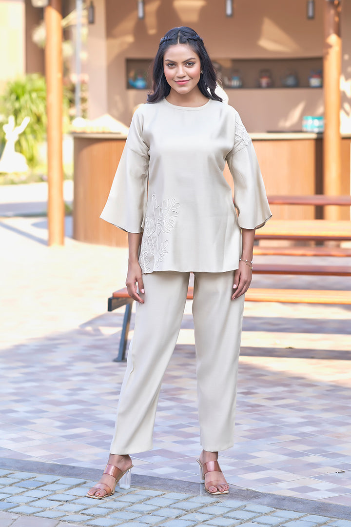 Beige casual co-ord with embroidery work for women
