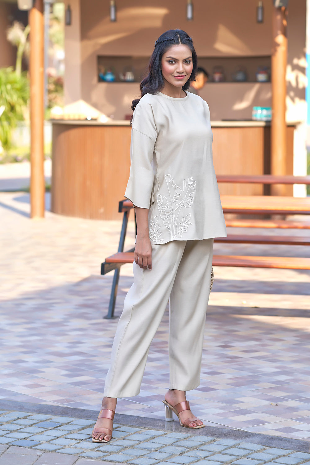 Beige co-ord resort wear for plus-size women