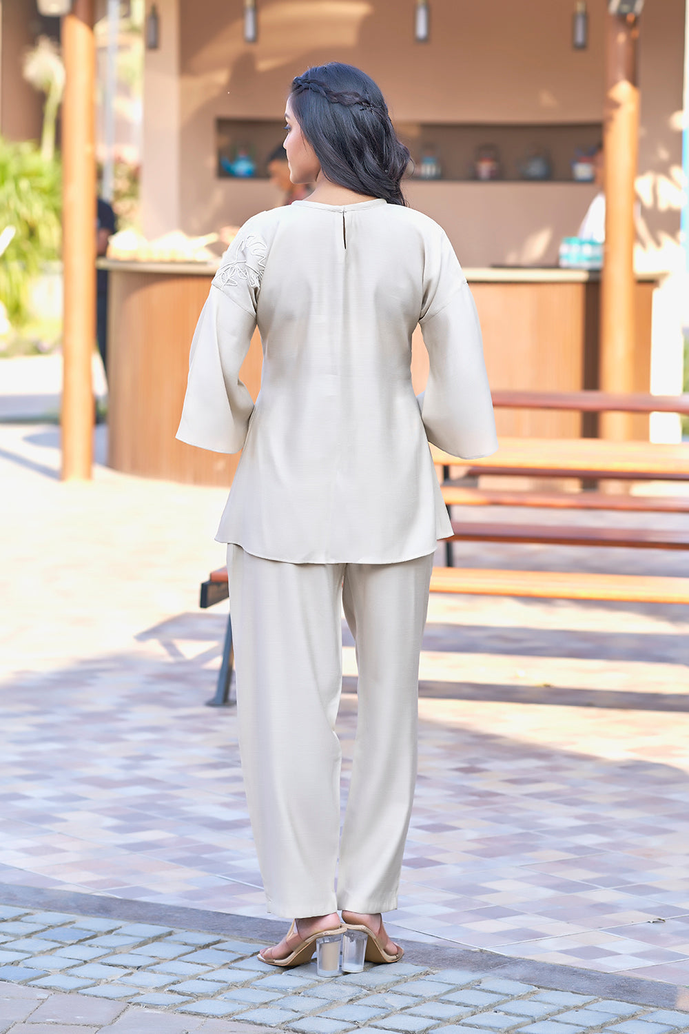 Beige co-ord resort wear for plus-size women backside look