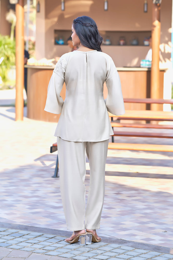 Beige co-ord resort wear for plus-size women backside look