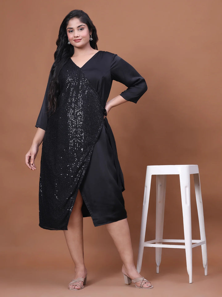 Curvy Lane Black Sequin & Velvet Satin Overlap Party Dress