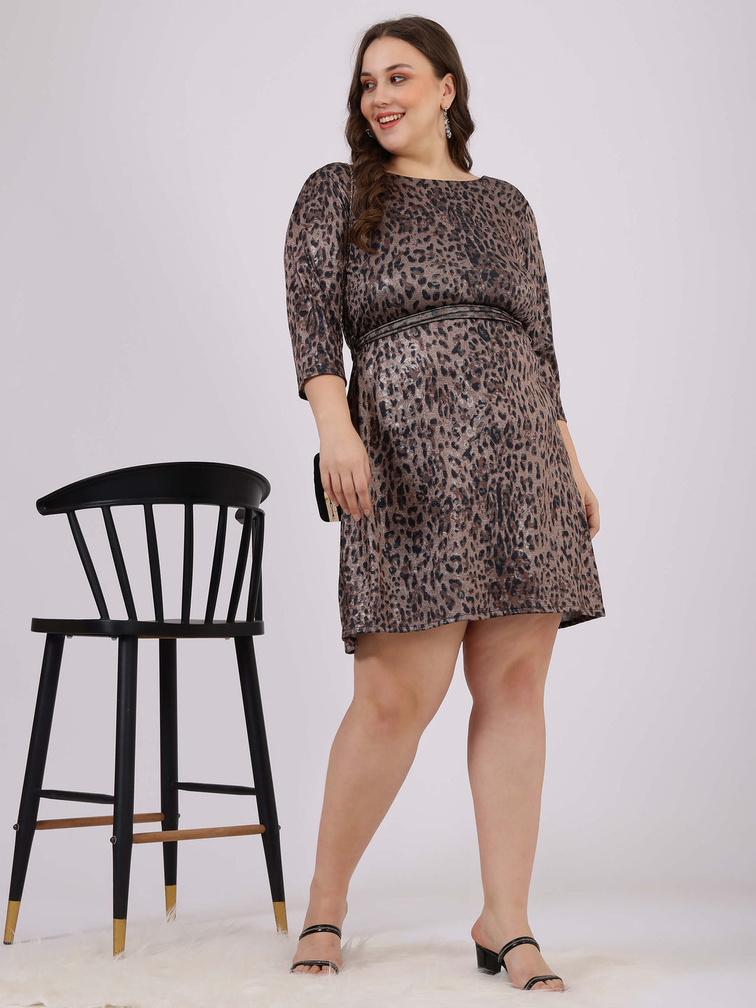 Black And Brown Tigar Print Party Dress For Plus Size Women