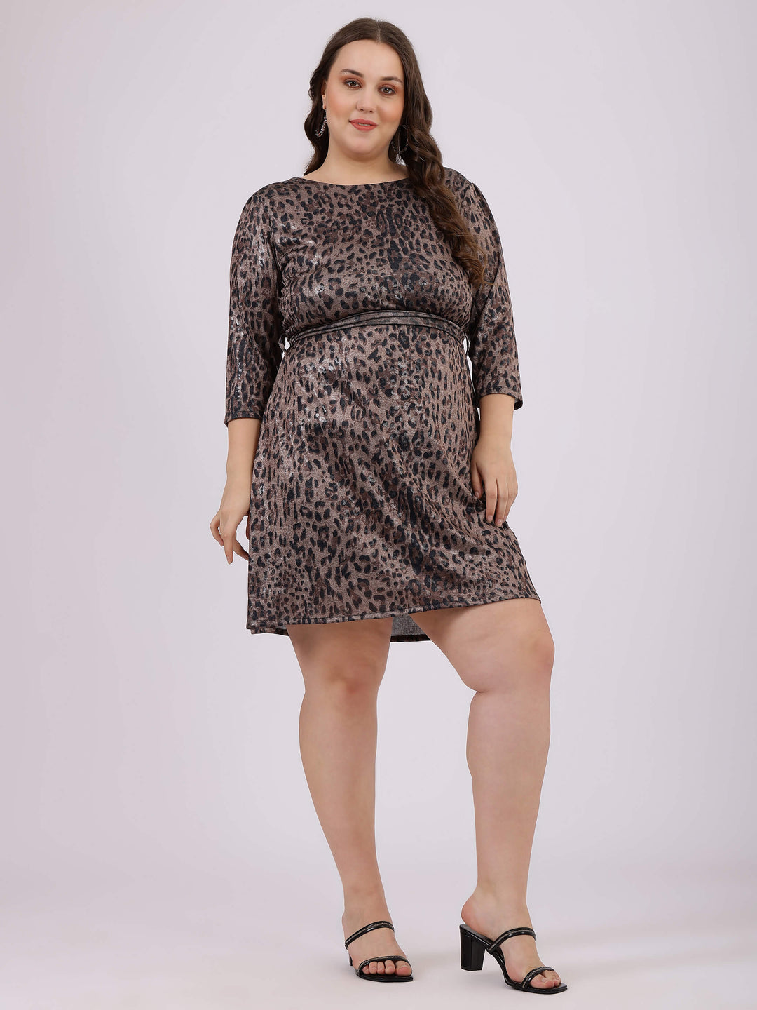 Black And Brown Tigar Print Party Dress For Women