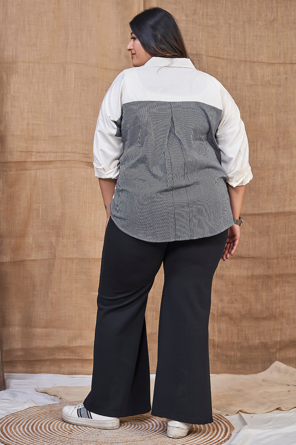 Black And White Cotton Shirt With Printed Design Back Side Look