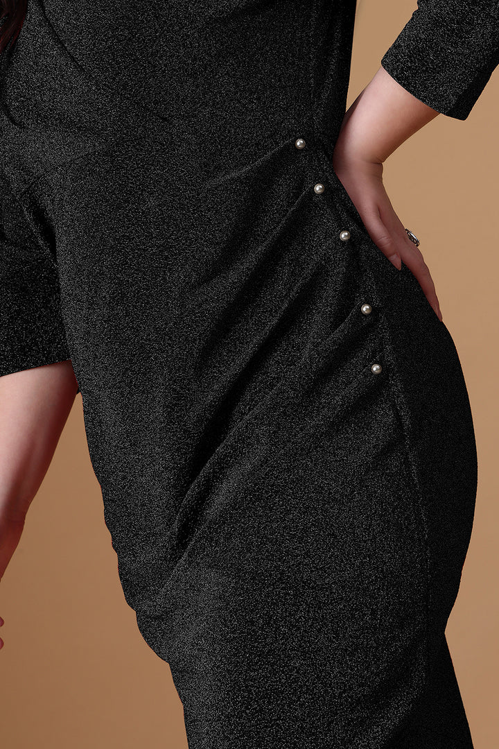 Black Asymmetric Knitted Dress WIth Metallic Fabric Design