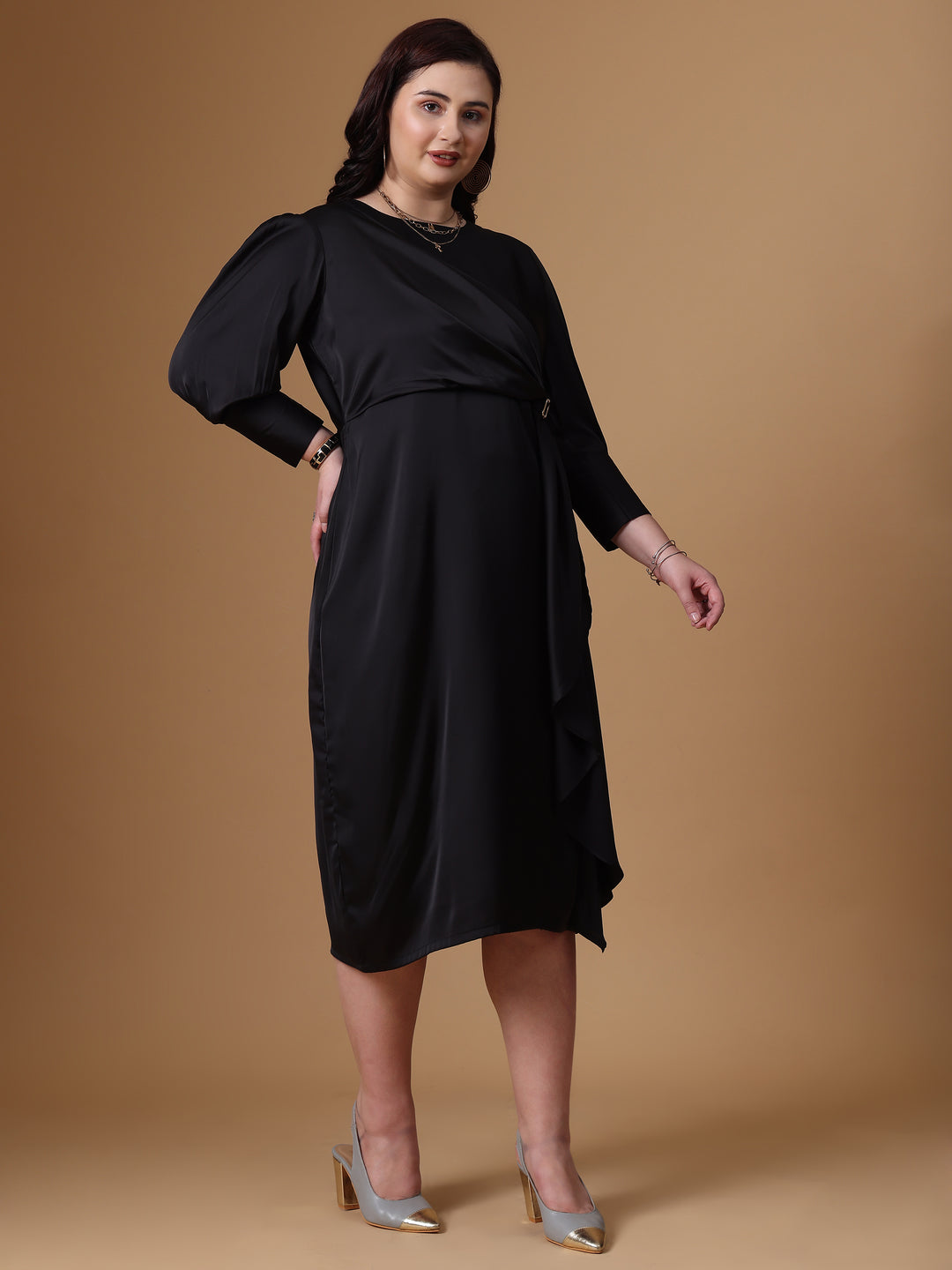 Black Color Velvet Satin Dress With Full Sleeves