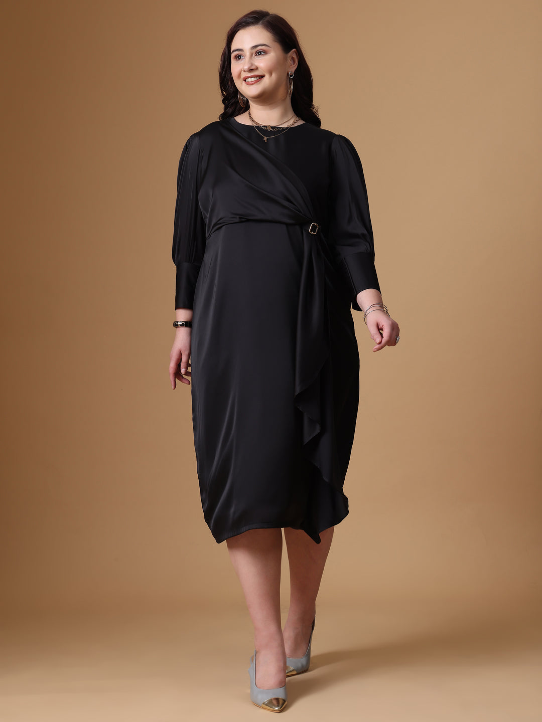 Black Color Velvet Satin Straight Dress For Plus Size