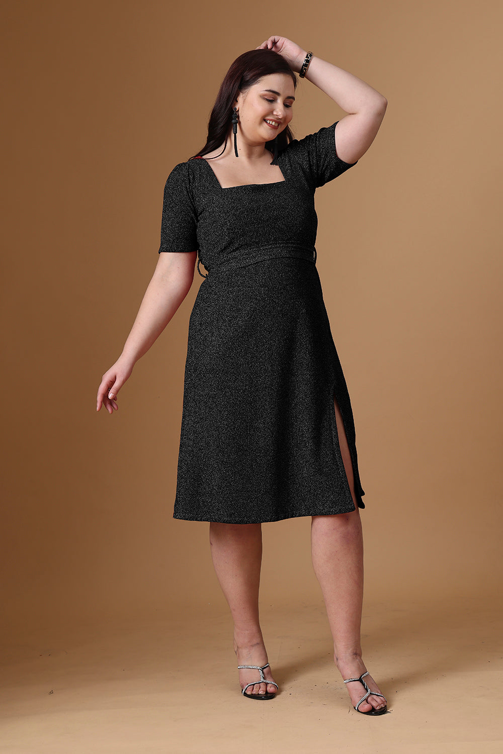 Black Court Neck Party Dress Front Side