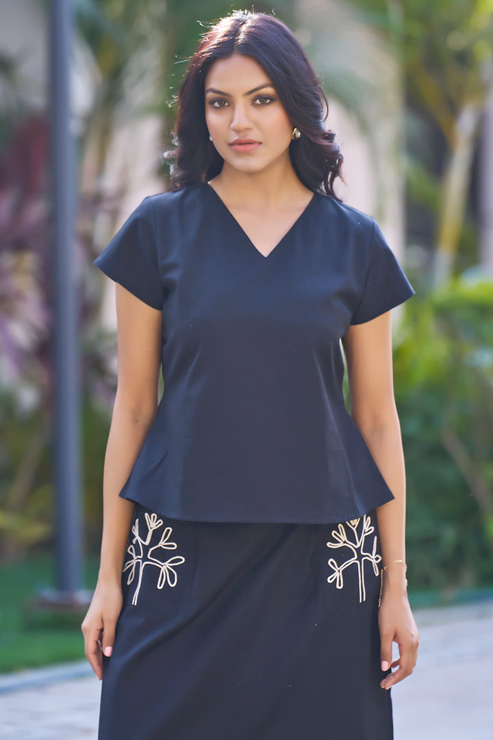 Black Designer Resort Wear Co-ord Top And Skirt With Embroidery Closeup Look